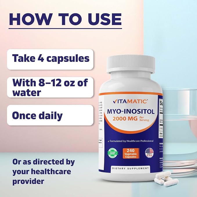 Vitamatic Myo-Inositol 2000 mg Per Serving – 240 Vegetable Capsules – 60 Servings – Non-GMO, Gluten Free – Made in USA