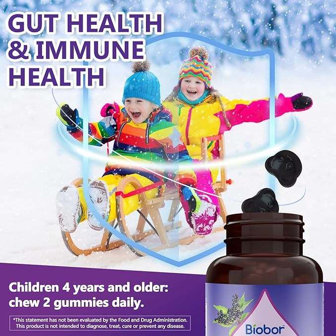 Biobor Natural Black Elderberry Gummies 150mg, Elderberry Fruit Extract with Vitamin C and Zinc, Herbal ElderCraft® Gummies Daily Immune Support for Kids and Adults, 60 Count