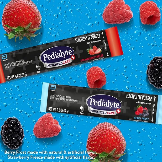Pedialyte AdvancedCare Plus Electrolyte Powder, Has 33% More Electrolytes and PreActiv Prebiotics, Variety Pack: Berry Frost and Strawberry Freeze, 24 Powder Packets