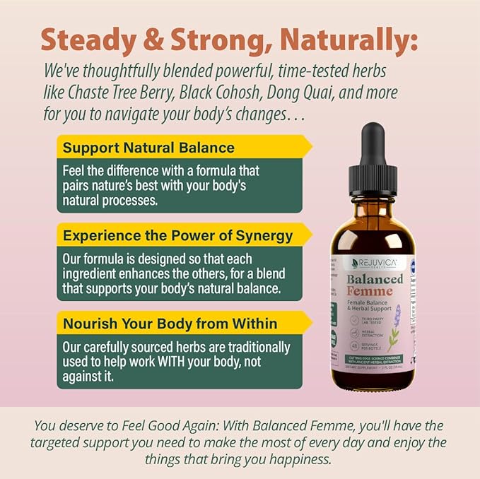 Rejuvica Health Balanced Femme - Advanced Female Balance Support Supplement - Liquid Delivery for Better Absorption - Vitex, Dong Quai, Black Cohosh, Maca Wild Yam & More!