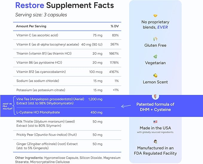 Cheers Restore | Supplement with DHM + L-Cysteine | Feel Better After Drinking & Support Your Liver | 24 Doses | Dihydromyricetin, Cysteine, Prickly Pear, B-Vitamins, Ginger