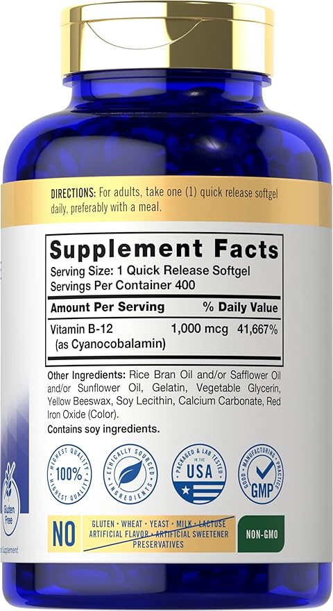 Carlyle Vitamin B12 1000 mcg Absorbable | 400 Softgels | Non-GMO and Gluten Free Supplement
