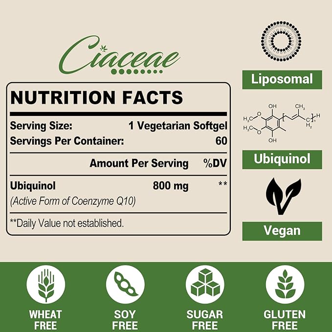 Liposomal CoQ10 800mg Ubiquinol Softgel, Max Absorption Ubiquinol Coenzyme Q10, Ubiquinol CoQ10 Supplement for Antioxidant, Heart Function & Energy Production, Pure CoQ10 800mg, 180 Vegan Softgels