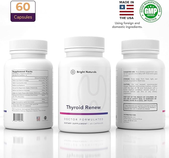 Thyroid Renew Supplement - Thyroid Support for Women with Zinc, Selenium, Copper, Ashwagandha & L-Tyrosine - 60 Capsules