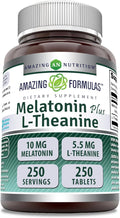 Amazing Formulas Melatonin 10 Mg Plus L-Theanine 5.5 Mg Supplement | Tablets | Non-GMO | Gluten Free | Made in USA | (1 Pack, 250 Tablets)