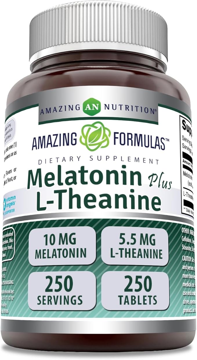 Amazing Formulas Melatonin 10 Mg Plus L-Theanine 5.5 Mg Supplement | Tablets | Non-GMO | Gluten Free | Made in USA | (1 Pack, 250 Tablets)
