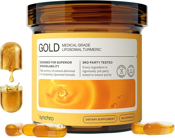 Synchro Gold Medical-Grade Liposomal Turmeric | 60ct Capsules | Whole-Plant Extract, Nano-Encapsulation Delivery | Curcumin Black Pepper Piperine Supplement