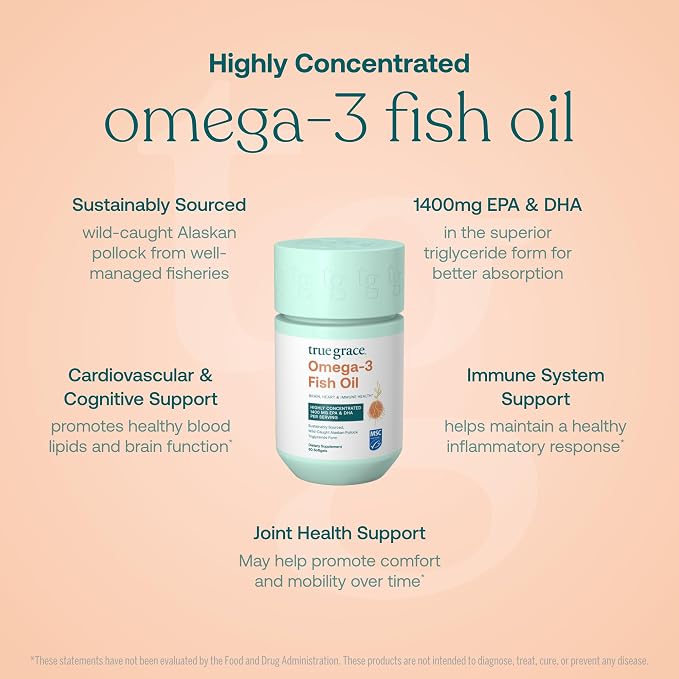 True Grace Omega-3 Fish Oil - 60 Softgels - 1400 mg EPA + DHA - Brain, Heart, Joint & Immune Health - Organic, Gluten Free, Soy Free