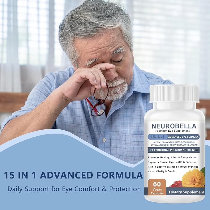 Neurobella Eye Formula， 15-in-1 Eye Nutritional Support Capsules - Containing carotenoids (Lutein, zeaxanthin, etc.),Bilberry Extract and Saffron, 60 Capsules