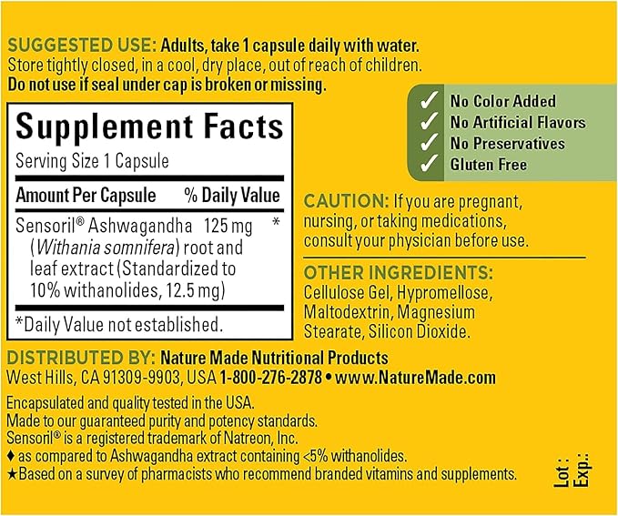 Nature Made Ashwagandha Capsules 125mg for Stress Support, 60 Capsules, 60 Day Supply (Pack of 2)