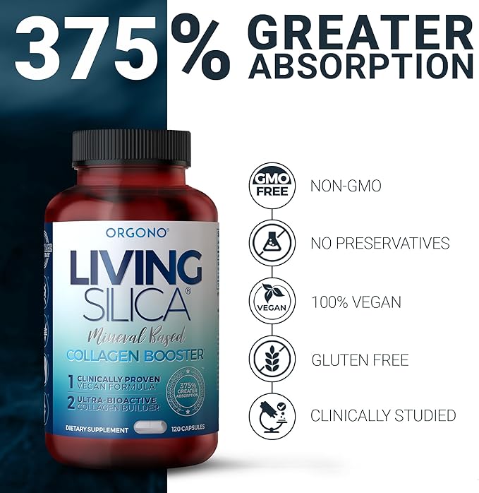 Living Silica ORGONO Mineral-Based Collagen Booster Capsules | Silica-Based | Supports Collagen & Elastin for Joint & Bone Support, Glowing Skin, Strong Hair & Nails | 120 Capsules