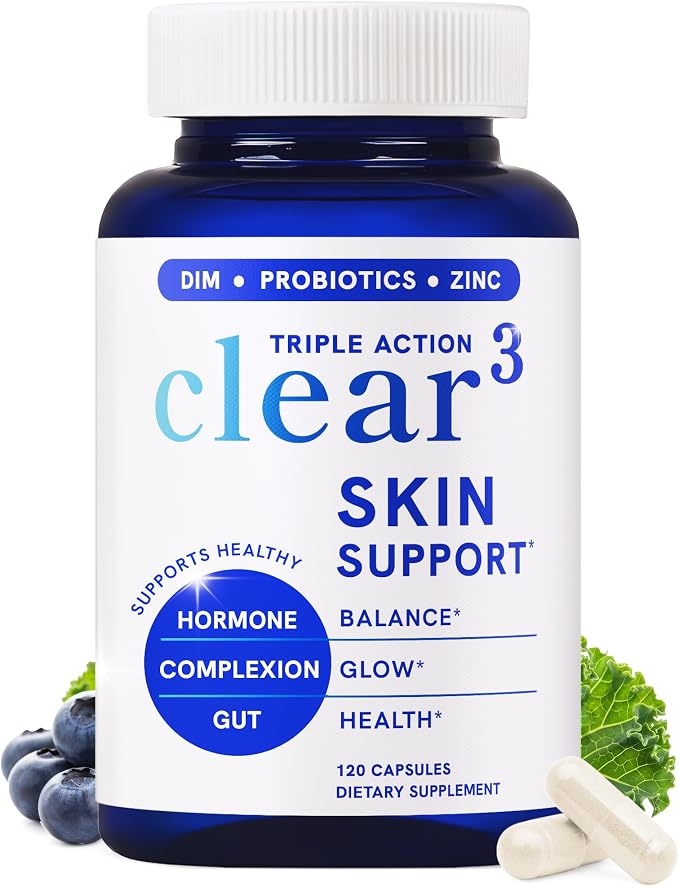 Clear Skin Supplement with Zinc, DIM & Probiotics | Doctor-Formulated | 3-in-1 Hormone, Gut & Complexion Support | Triple Action Hyaluronic Acid & Vitamins for Skin Balance & Glow Support | 120 Ct