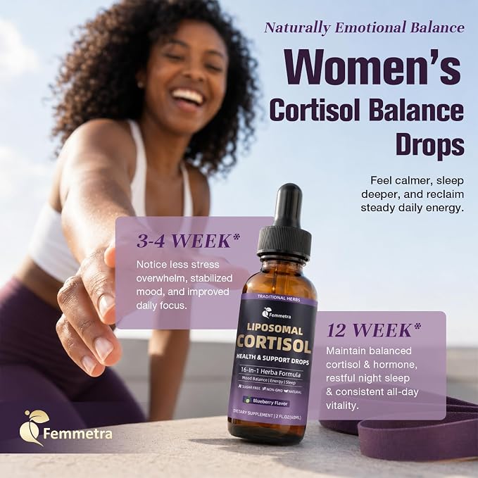 16-IN-1 Liposomal Cortisol Supplements Drops for Women, Melatonin-Free | Cortisol Reducer with Ashwagandha,L-Theanine,Myo-Inositol & Magnesium for Relaxation,Stress & Sleep,Blueberry Flavor, 2 Fl Oz