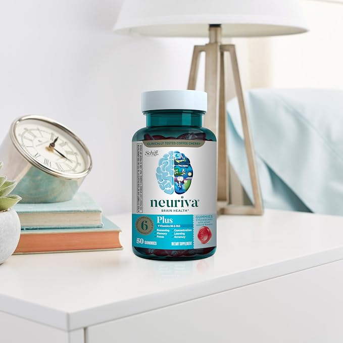NEURIVA Plus Decaffeinated Nootropic Brain Supplement for Memory, Focus & Concentration & Cognitive Function, Clinically Tested NeuroFactor, Phosphatidylserine, Vitamins B6 B12,50ct Strawberry Gummies