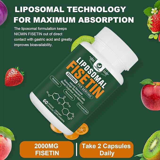 Liposomal Fisetin Supplement, 2000MG, 98% Pure Fisetin Polyphenols Antioxidants, with Quercetin, TMG and Resveratrol, for Healthy Aging, Cognitive Support, 120 Capsules