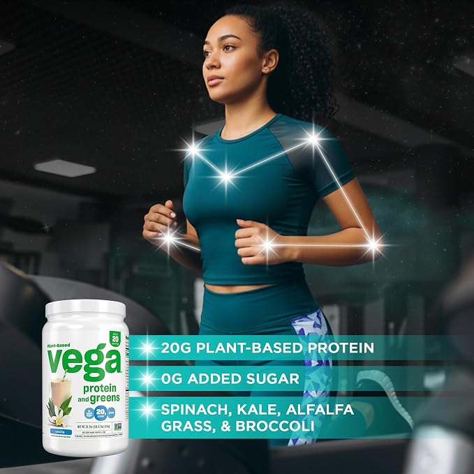 Vega Premium Protein + Supergreens, Vanilla – 20g Vegan Protein, Dairy & Gluten Free, 21.7 oz (20 Servings)