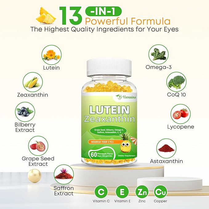 Lutein 20 mg with Zeaxanthin Gummies, Lutein and Zeaxanthin Supplements with Eye Vitamins C, E, Bilberry for Eye Health - 120Cts