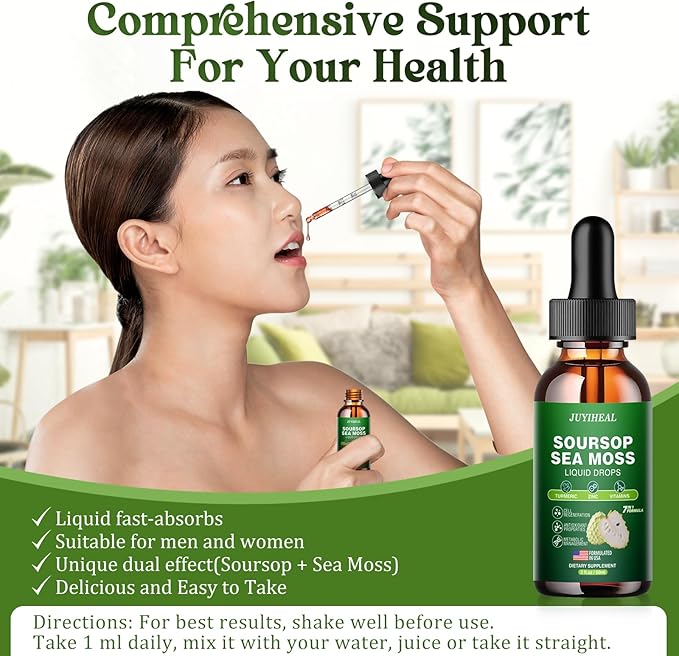 7-in-1 Soursop Graviola with Sea Moss Liquid Drops, Soursop Bitters Liquid Rich in Multivitamin for Digestive Antioxidant, Immune Boost, Cell Support & Regeneration, 2 Fl Oz