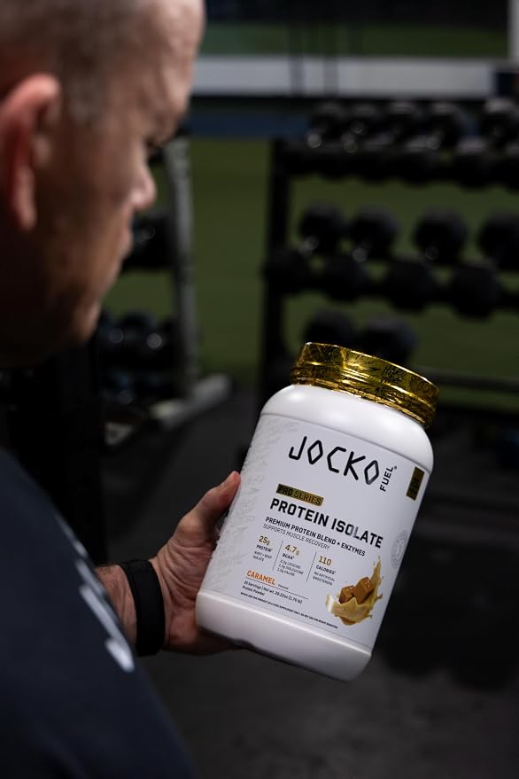 Jocko Fuel Whey Protein Isolate Pro Series, Caramel, 25g Low Lactose Whey + Beef Collagen, with Digestive Enzymes + Probiotics, 4.7g BCAAs, Low Carb, 25 Servings