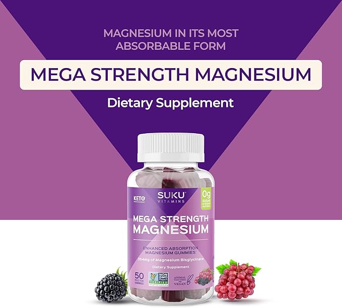 SUKU Vitamins - Mega Strength Magnesium - 177 mg of Magnesium Bisglycinate Gummies for Muscle Function - Easy to Chew - Non GMO, Gluten Sugar Free - Grape BlackBerry Flavored Gummy Vitamins (50 Count)