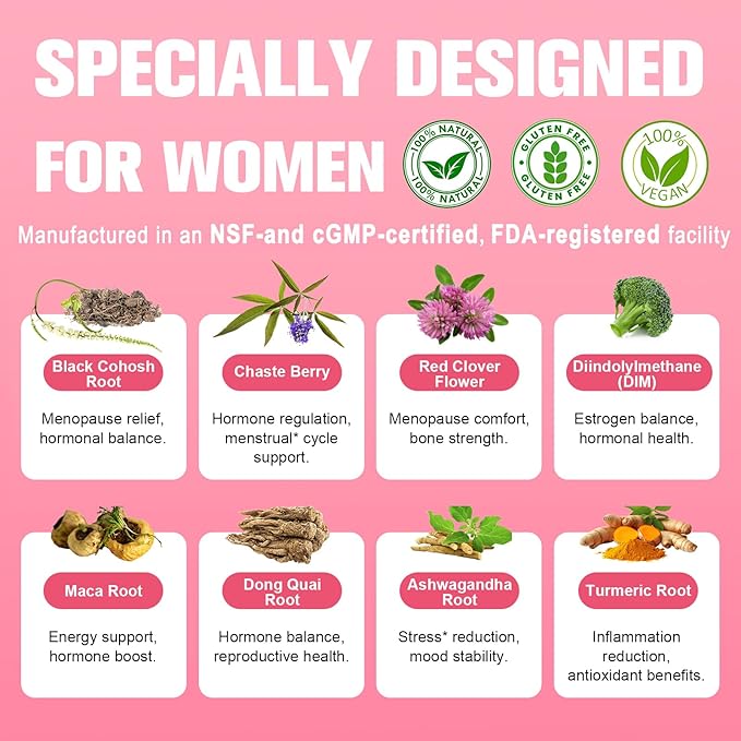 40-in-1 Menopause Supplements for Women, Multibenefit & Complete Black Cohosh for Hot Flashes, Night Sweats & Hormone Balance, w/ Probiotics, DIM, Vitex, Dong Quai, Red Clover and More, 120 Vegan Caps