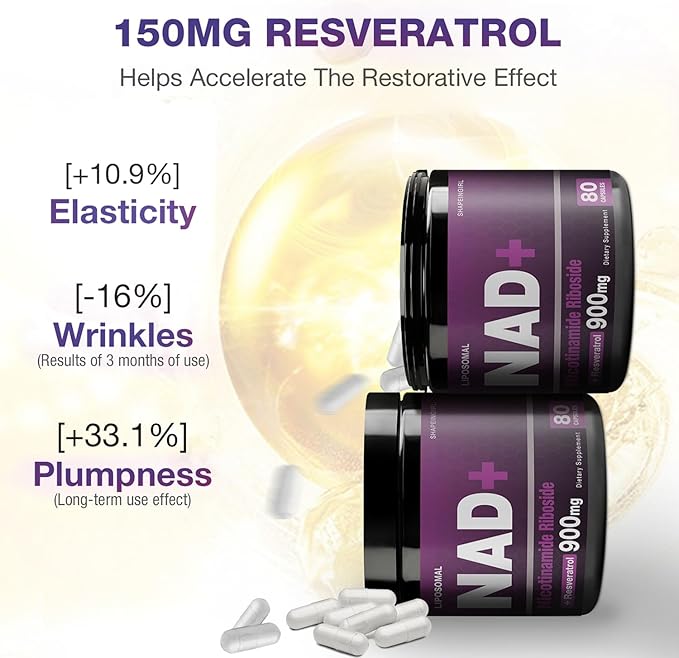NAD+ Supplement - Nicotinamide Riboside, Resveratrol, Liposomal NAD Plus 900mg for Men and Women, NR Supplement for Energy Anti-Aging Focus, 160 Capsules