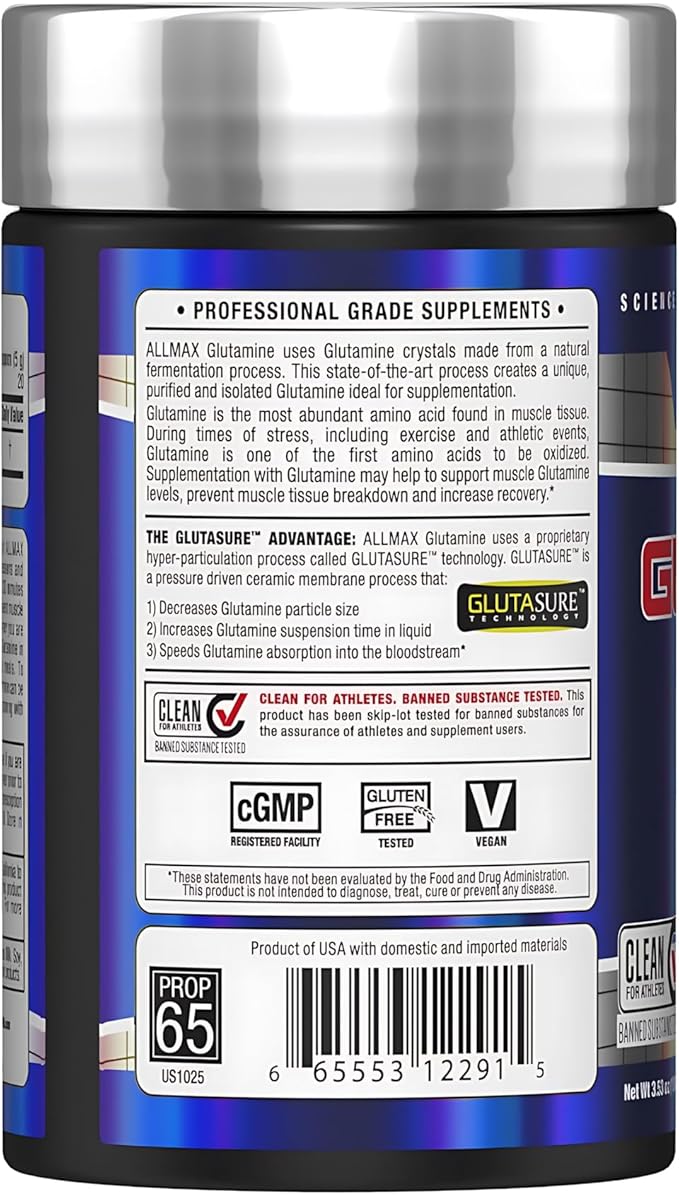 ALLMAX L Glutamine Powder 100g, Fermented L-Glutamine Powder Pure, Unflavored Glutamine Supplement for Gut Health, Recovery & Immune Support, Vegan, Gluten Free