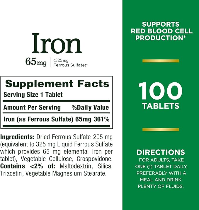 Nature’s Bounty Iron 65mg,325 mg Ferrous Sulfate,Cellular Energy Support,Promotes Normal Red Blood Cell Production,1 Serving Per Day,Gluten Free,100 Vegetarian Tablets,(Pack of 3)