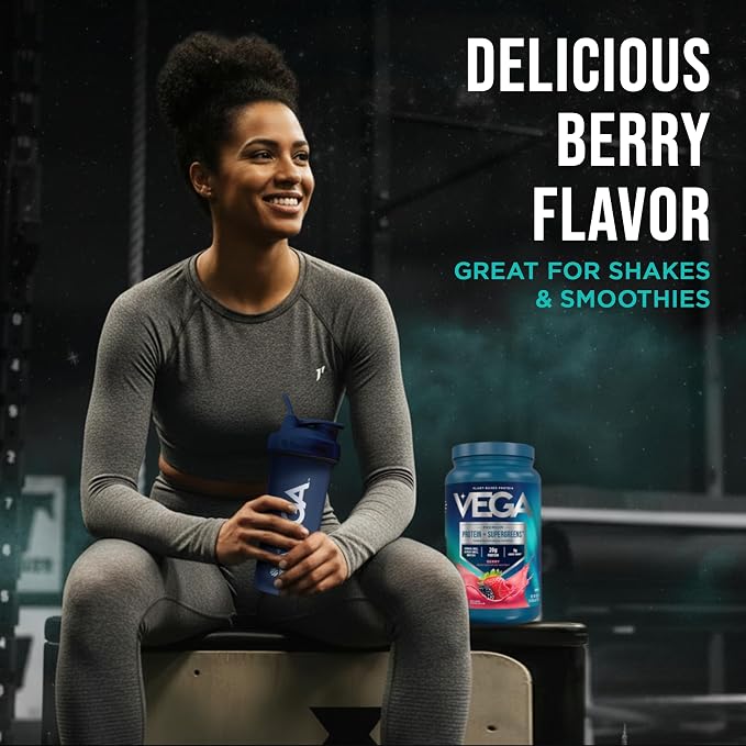 Vega Premium Protein + Supergreens, Berry – 20g Vegan Protein, Dairy & Gluten Free, 27.2 oz (26 Servings)