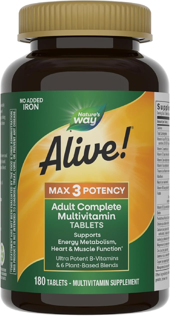 Nature's Way Alive! Max3 Potency Adult Complete Multivitamin, High Potency B-Vitamins to Support Cellular Energy Metabolism*, Multivitamin with Methylated B12 & Folate, No Added Iron, 180 Tablets