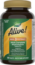 Nature's Way Alive! Max3 Potency Adult Complete Multivitamin, High Potency B-Vitamins to Support Cellular Energy Metabolism*, Multivitamin with Methylated B12 & Folate, No Added Iron, 180 Tablets