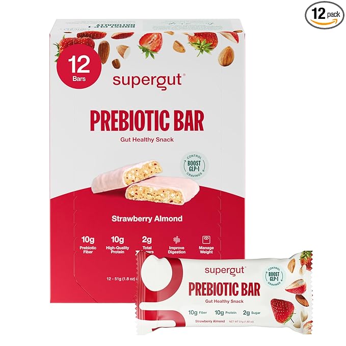 Supergut GLP-1 Boosting Prebiotic Bars, Strawberry Almond - Gut Healthy Protein Snacks & Breakfast Bars - Keto-Friendly Meal Replacement Energy Bars for Gut Health (12 Count)