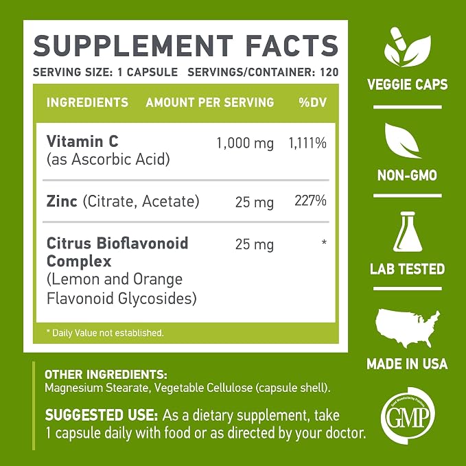 | Vitamin C + ZINC | C - 1000 | VIT C 1000mg | Zinc 25mg | Citrus Bioflavonoids 25mg | Non-GMO & Gluten Free | 120 Capsules