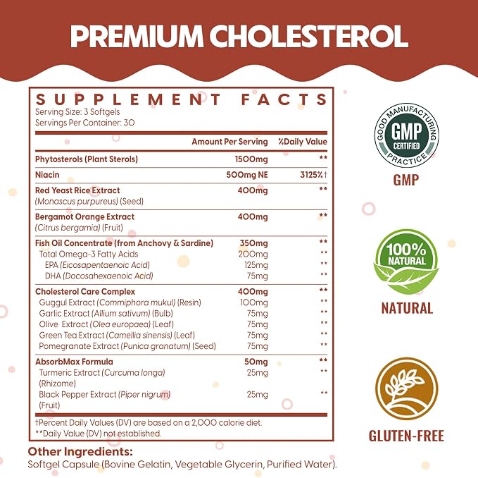 Cholesterol Supplements with Plant Sterols, Niacin, Red Yeast Rice, Citrus Bergamot, Garlic, Cholesterol Supplement Support Normal Cholesterol Levels, 180 Softgels