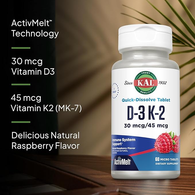 KAL Vitamin D3 K2 ActivMelts - Immune Support Supplement w/Vitamin D as D3 and MK7 VIT K2 - Supports Calcium Absorption for Strong Bones, Quick-Dissolve Tablets, Natural Raspberry Flavor, 60 Servings