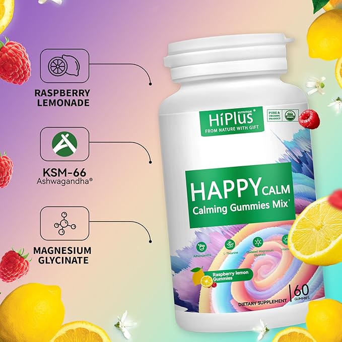 Calming Gummies - Ashwagandha KSM-66, Magnesium Glycinate & L-Theanine Supplement, Vitamin D3 - Ashwagandha Extract - Helps with Focus & Relaxation, Lemon Flavor, 60 Count
