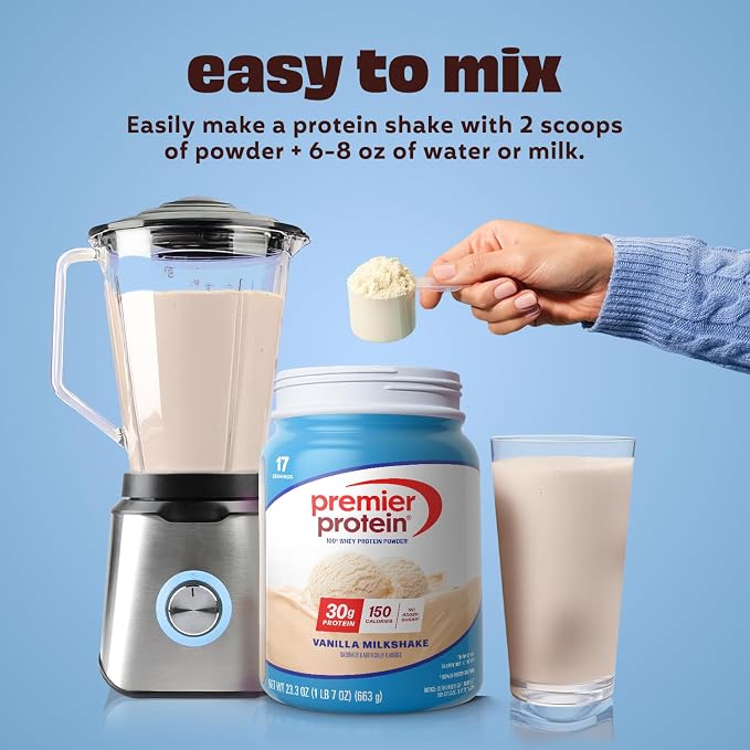 Premier Protein Powder, Vanilla Milkshake, 30g Protein, 1g Sugar, 100% Whey Protein, Keto Friendly, No Soy, Gluten Free, 23.3 oz (17 Servings)