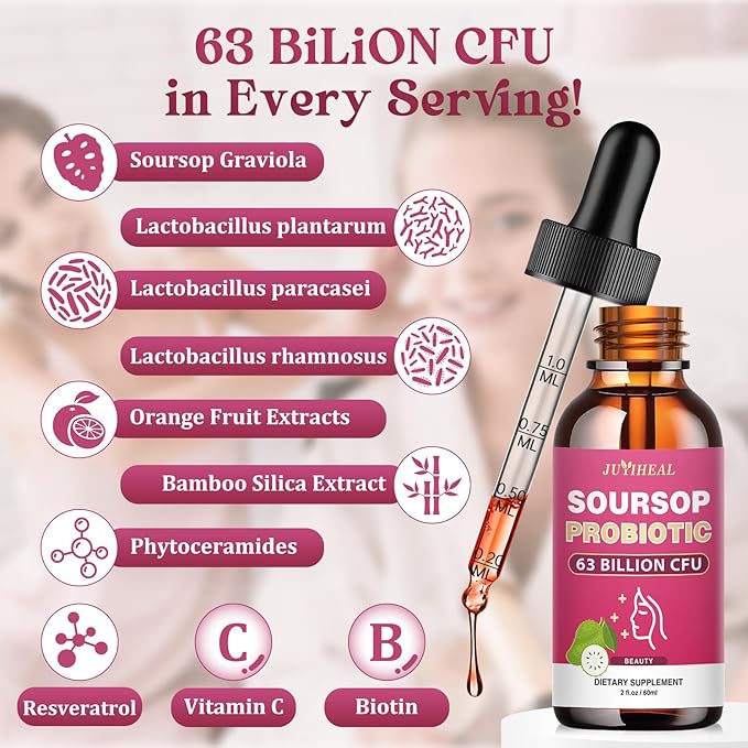 Soursop Probiotic Liquid Drops, Soursop Bitters Liquid with Probiotic Beauty Collagen Boost for Hair, Skin, and Nails, Immune Boost