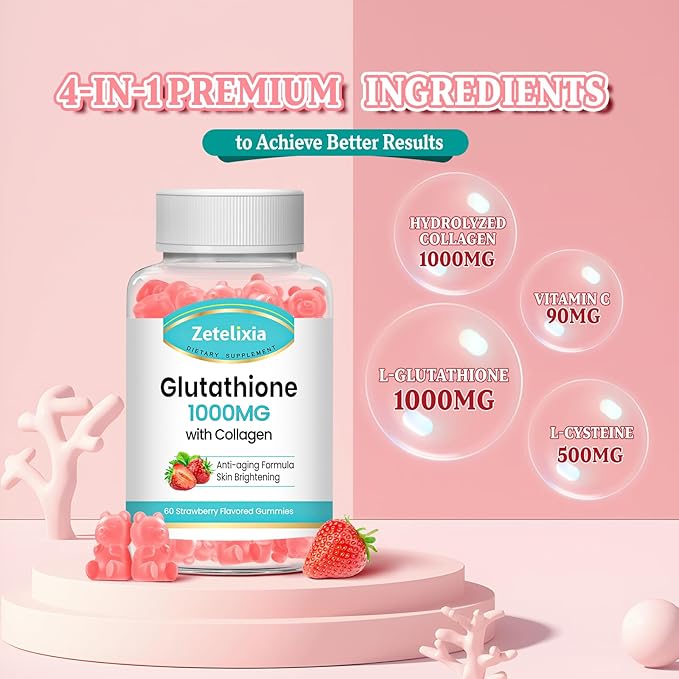 2 Pack Glutathione Collagen Gummies, Collagen Gummies with Vitamin C, Glutathione Supplement for Women, Hair Skin Nails Muscle & Joint, Anti-Aging, Vegan, Sugar Free, Strawberry Flavor, 120 Count