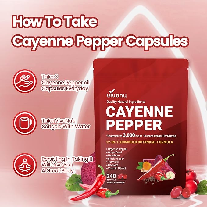 VivoNu Cayenne Pepper Softgels Supplement, Supports Leg Vein, Heart and Blood Vessel Health, with Vitamin E D3+K2 and Extracts of Grape Seed, Hawthorn, Beetroot, Berberine (Softgel / 1 Bag)