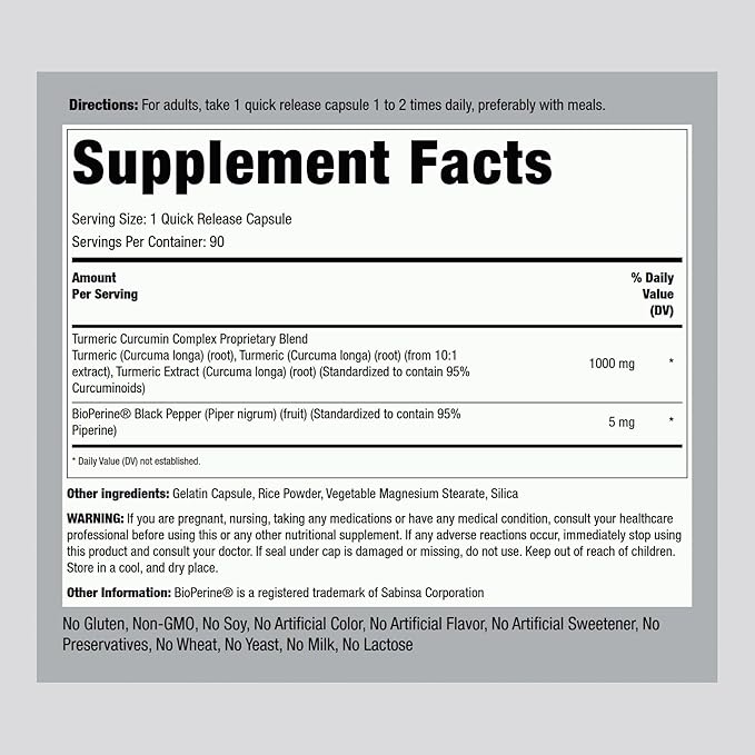 Piping Rock Turmeric Curcumin with Black Pepper | 90 Capsules | Herbal Complex Supplement with Bioperine Extract | Non-GMO, Gluten Free