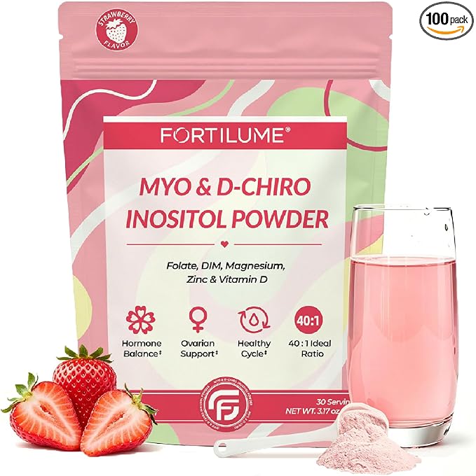 Myo & D-Chiro Inositol Powder 40:1 Ratio for Women's Hormone Balance & Ovarian Support - with Folate, DIM, Zinc, Magnesium Glycinate & Vitamin D3, 30 Servings (Strawberry)
