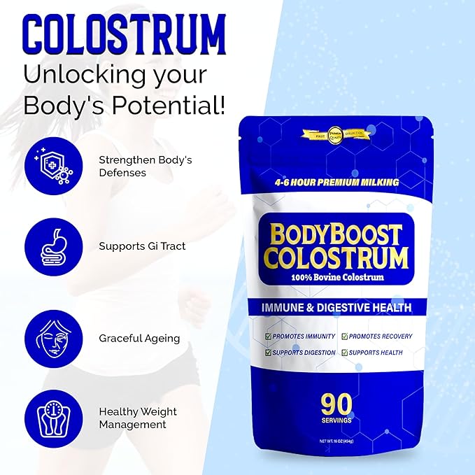 BodyBoost Premium Colostrum Whole, 100% Bovine Colostrum Powder, Immune Booster Supplement with Immunoglobulin & Lactoferrin, Grass Fed Colostrum Powder, Gut Health, Diverse Intake,16 oz