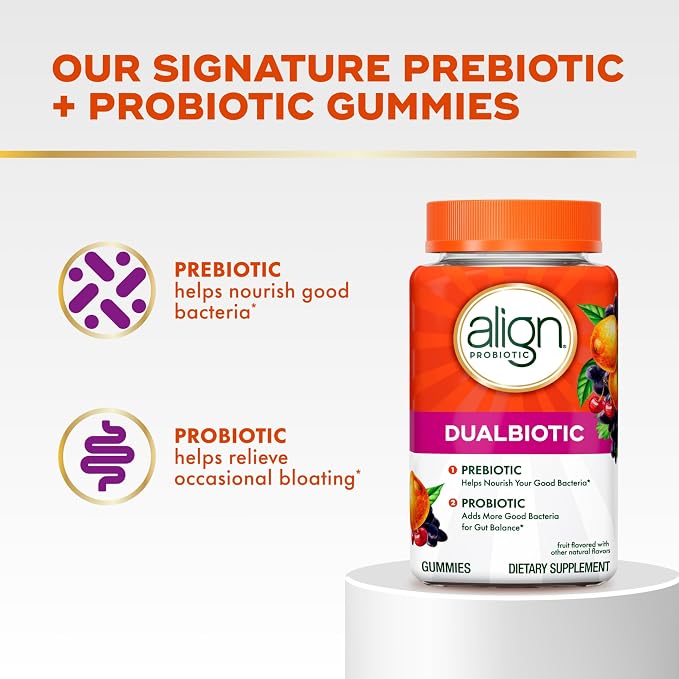 Align Dualbiotic, Prebiotics and Probiotics for Women and Men, Probiotics for Digestive Health, Prebiotics Help Nourish Good Bacteria, Natural Fruit Flavors, 60 Probiotic Gummies