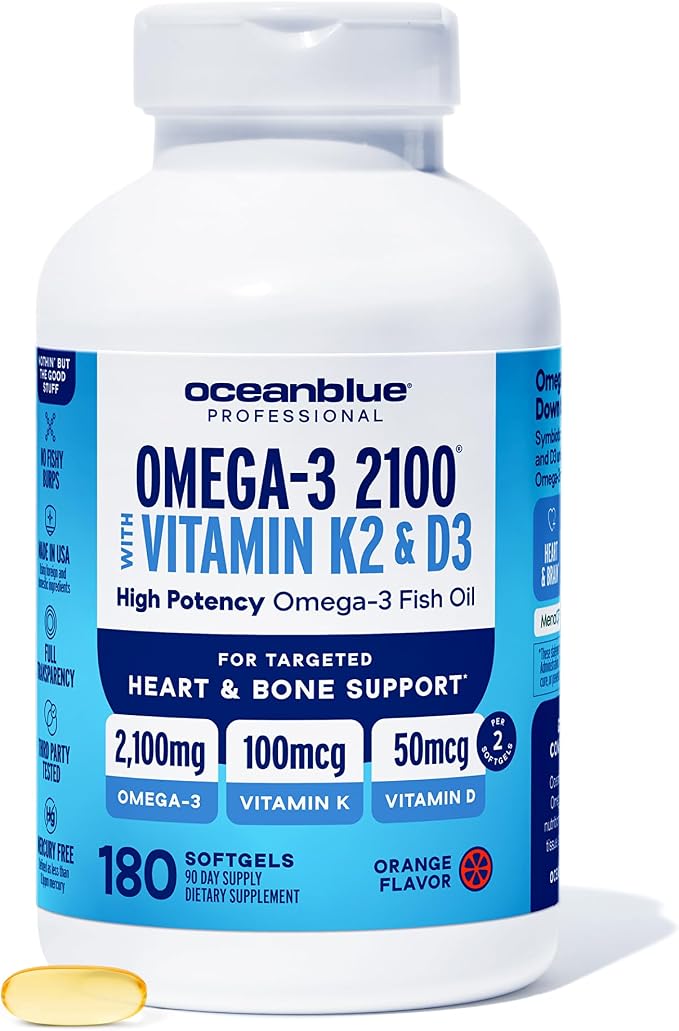Oceanblue Professional Omega-3 2100 with Vitamin K2 & Vitamin D3 - Triple Strength Burpless Fish Oil Omega-3 Supplement with EPA & DHA - Wild Caught - Orange Flavor - 180 Count