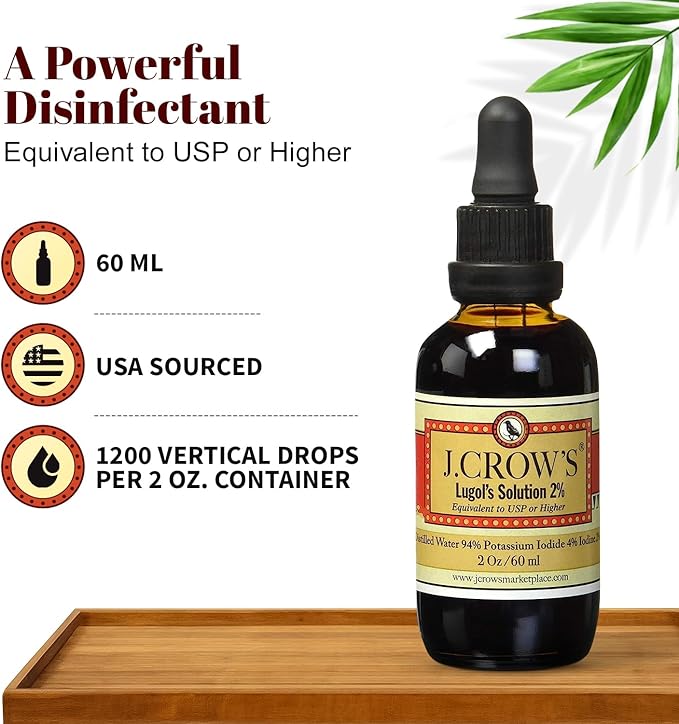 J.CROW'S® Lugol's Iodine 2% Solution, Iodine & Potassium Iodide 2 oz (2 Bottles) - Liquid Supplement Drops - Non-GMO, Alcohol-Free - 1200 Drops