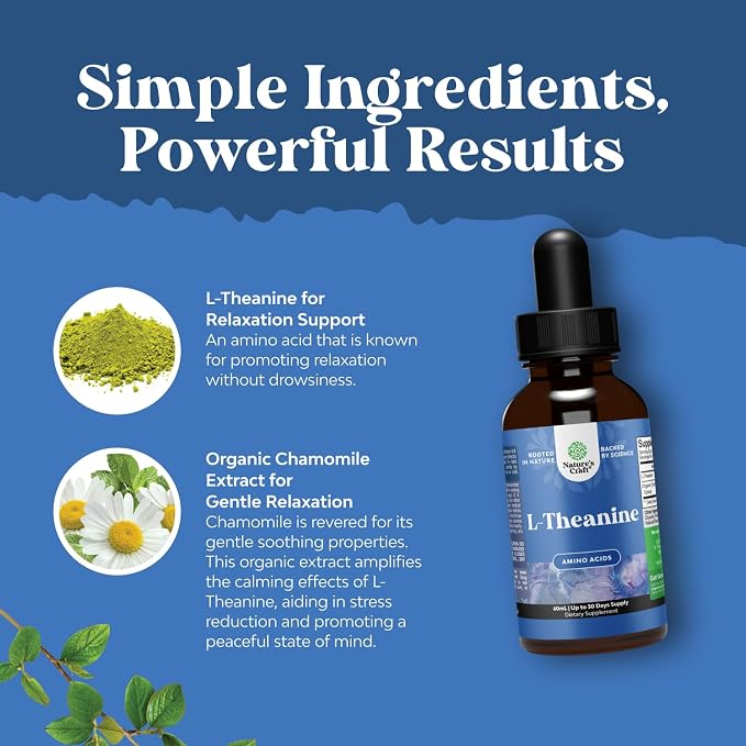 High Absorption L-Theanine Liquid Drops - Nootropic Focus Supplement with L Theanine 200mg Per Serving and Chamomile Extract Supplement for Adults and Kids Relaxation and Focus - 2 Fl Oz