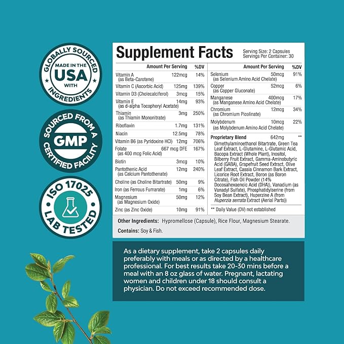 Natural Mind and Memory Supplement for Increased Mental Performance and Clarity Supports Brain Function Made with Pure Green Tea Extract DMAE Bitartrate and Vitamins - 60 Count - 2 Pack