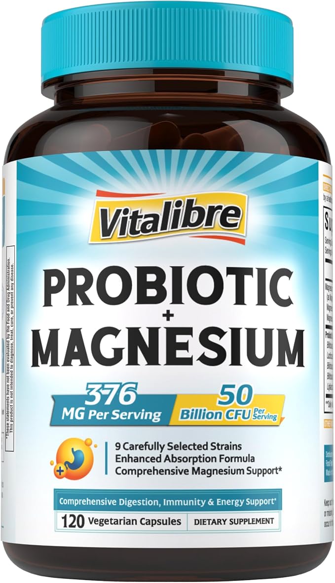 Vitalibre Probiotic with Magnesium Complex for Women Men, 50 Billion CFU, 9 Strains, Magnesium Glycinate Citrate Malate for Digestion, Immunity, Bone, Energy & Recovery, 120 Vegan Capsules, Non-GMO