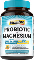 Vitalibre Probiotic with Magnesium Complex for Women Men, 50 Billion CFU, 9 Strains, Magnesium Glycinate Citrate Malate for Digestion, Immunity, Bone, Energy & Recovery, 120 Vegan Capsules, Non-GMO